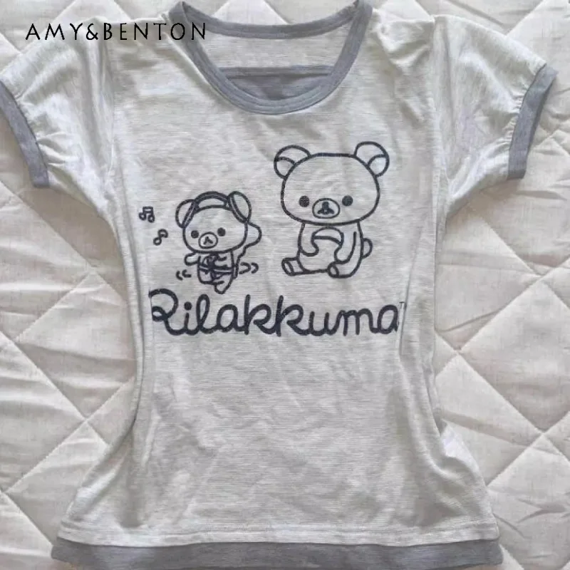 

Grey Cute Cartoon Print Waist Fake Two Pieces Summer Round Neck Short Sleeve T-shirt Top Women