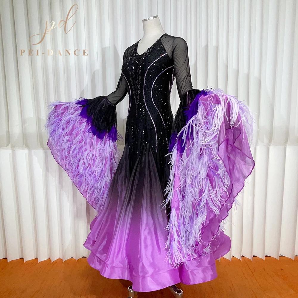 2024 New Shading Purple On Black International Standard Ballroom Modern Waltz Tango Fox Trot Dance Dress For Competetion BR1224