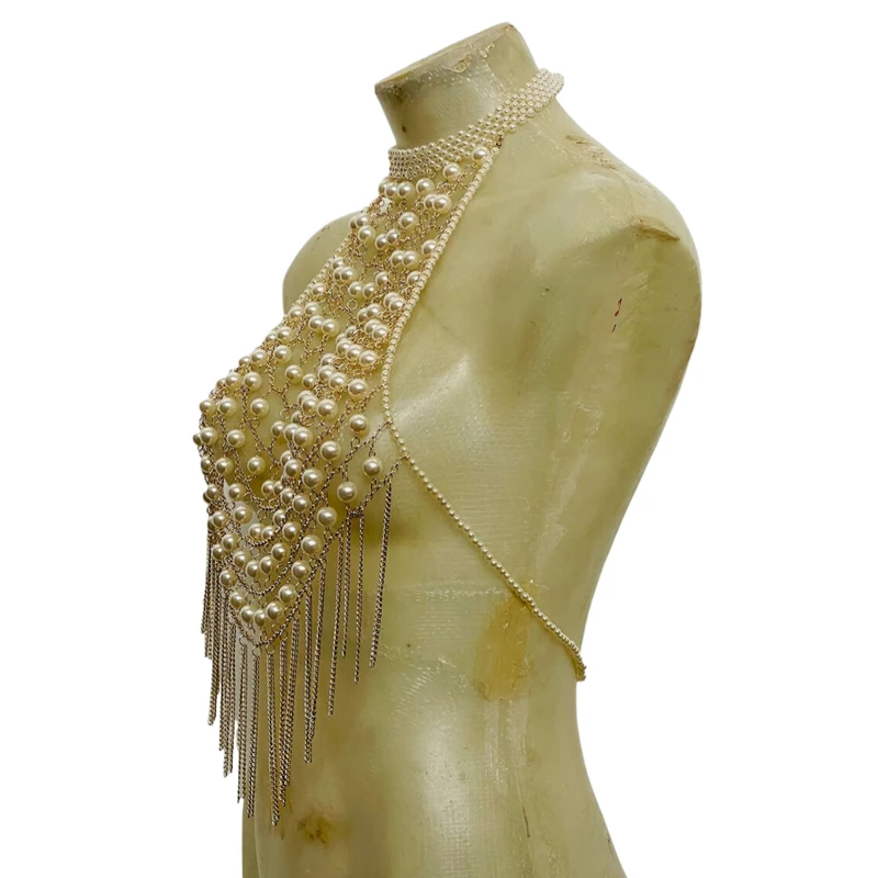Damen Perlenbesetztes Neckholder-Crop-Top mit Aussparungen, Quasten, Körperkette, rückenfreies Mesh-Top für Party, Club, Festival, Y2K Damen-Crop-Tops – Detail 5