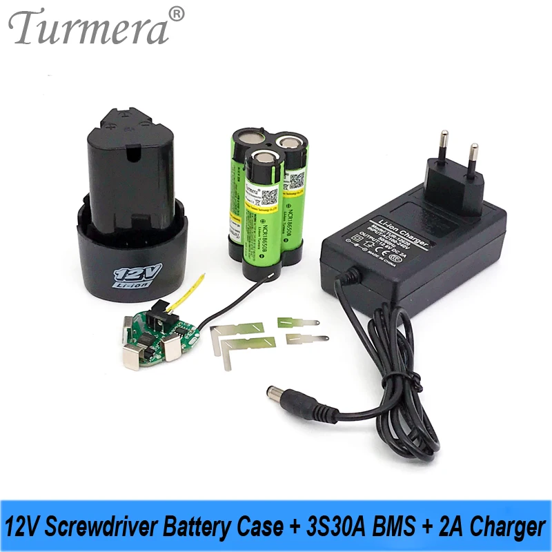 

Turmera 12V Screwdriver Drill Battery Case with 3S 30A BMS 18650 Hoder 12.6V 2A Li-ion Battery Charger Use in 10.8V Shura Shrika