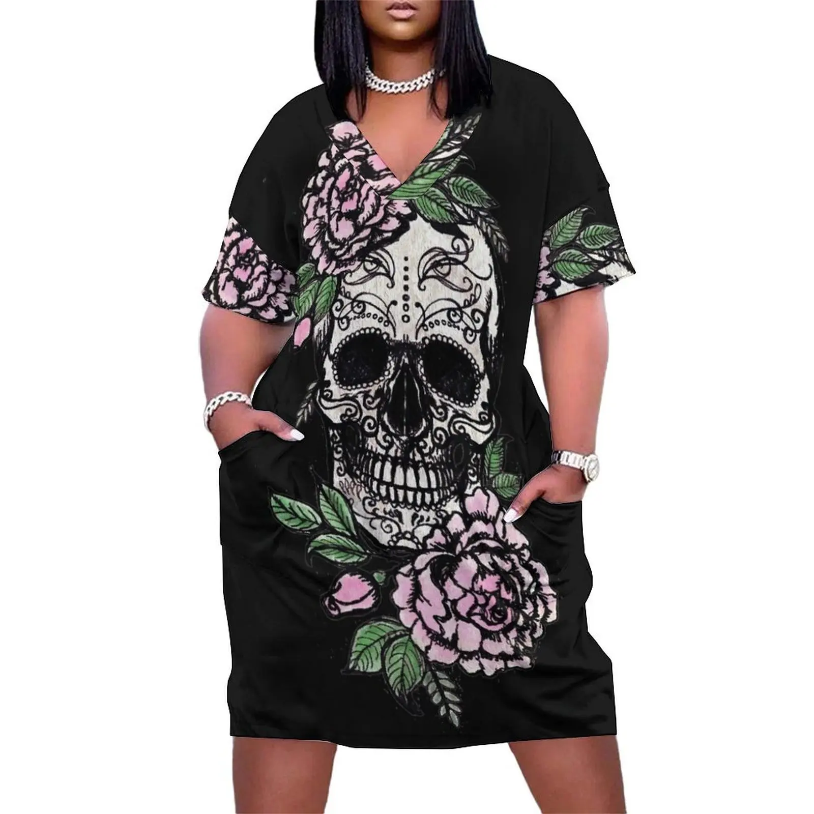 

Sugar Skull & Roses Loose Pocket Dress beach dresses Women"s summer long dress