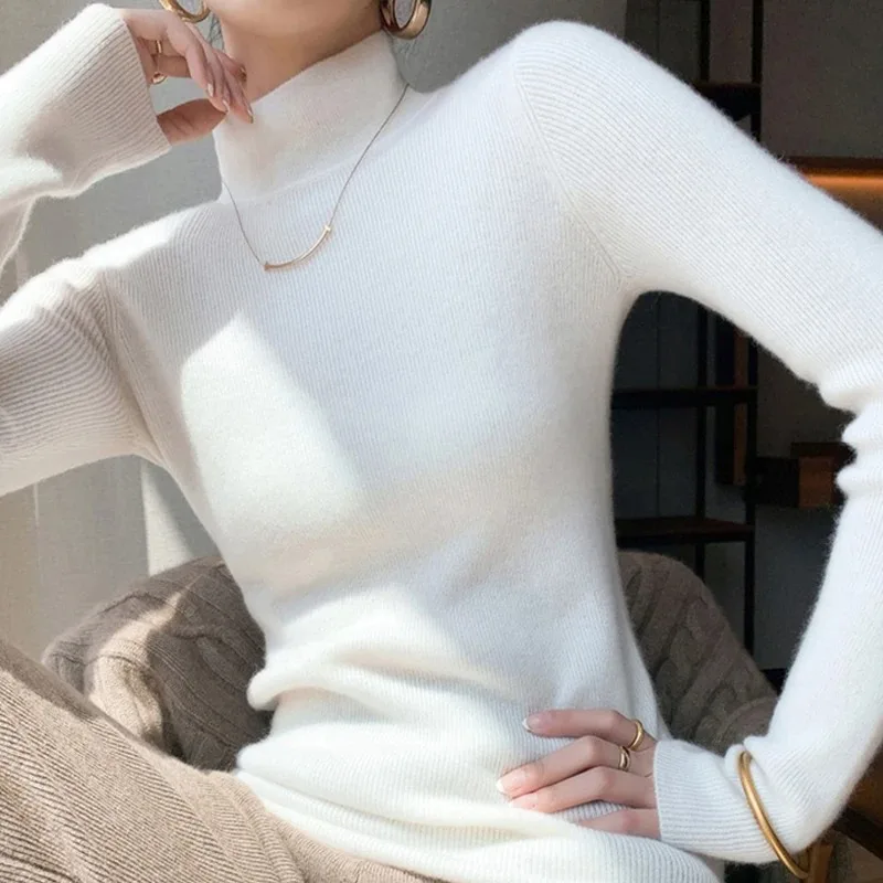 2025 feminino fino ajuste manga longa base pulôver de malha cor sólida camisola de gola alta francês versátil outono inverno quente topos