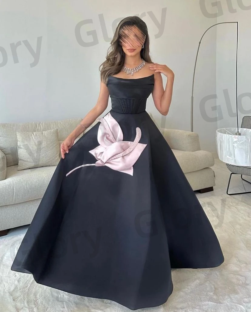 Black Strapless Formal Prom Dresses A-Line Sleeveless Pink Appliques Gorgeous New Design Evening Dresses Wedding Party Gown