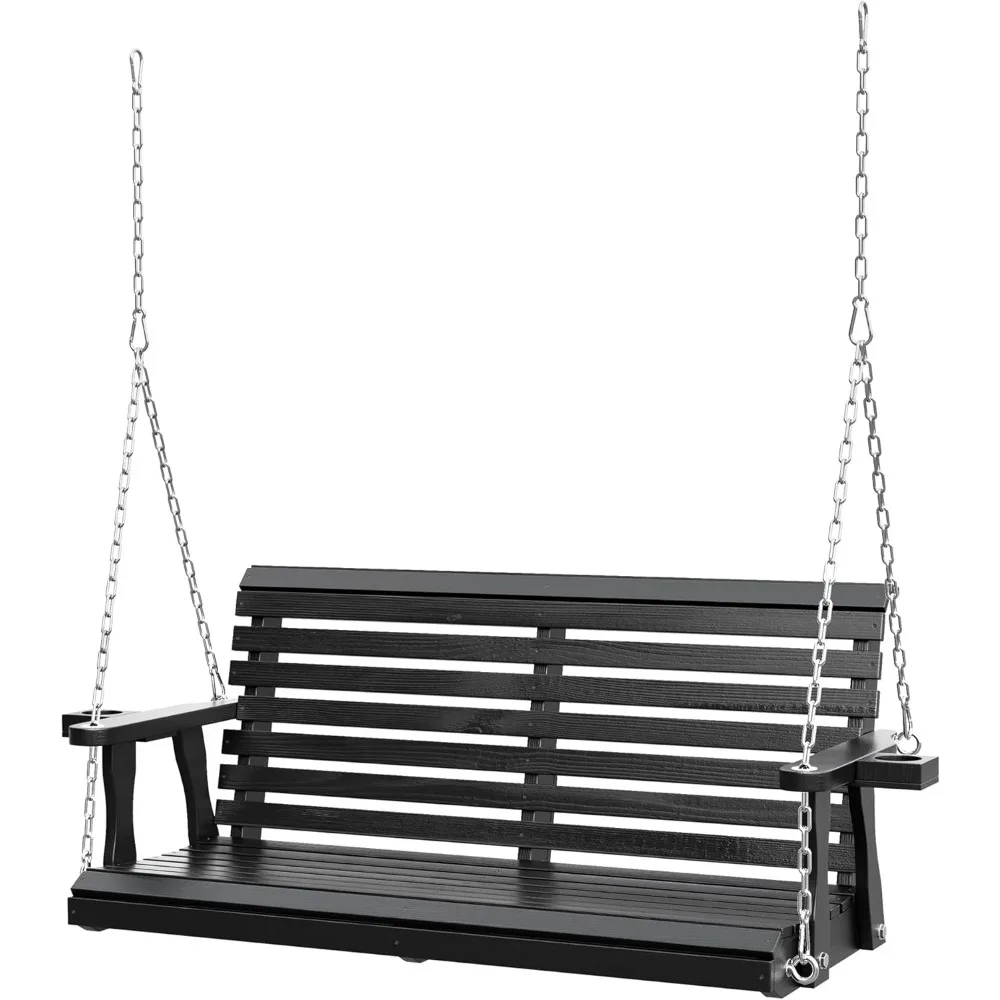 

2-Seat Wooden Porch Swing Bench with Hanging Chains, Patio Swing Chair for Adults – Wide Armrests with Cup Holder