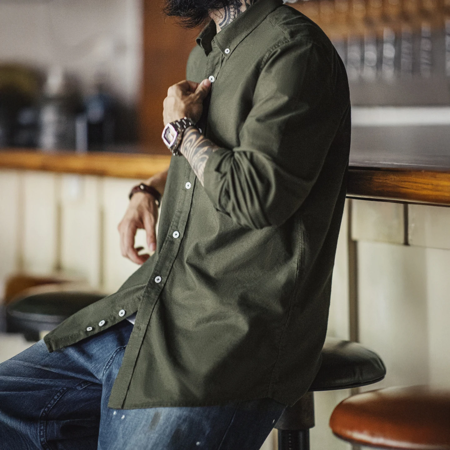 Maden خمر أكسفورد قميص الرجال نحى قميص قطني بكم طويل بلوزة واحدة الصدر بلون طبقات للخريف