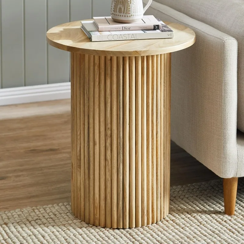 

Solid Wood End Table Round 18'' D, Wooden Accent Drum End Table, Unique Oak Pedestal Side Table, Fully Assembled, for The Living