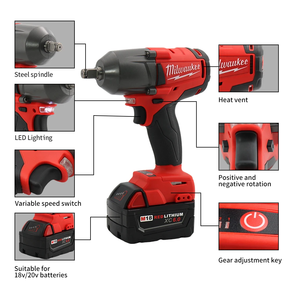 Milwaukee 18V lithium battery 1300N.M Large Torque Cordless Electric Impact Wrench  Screwdriver Cordless Motor Power Tool