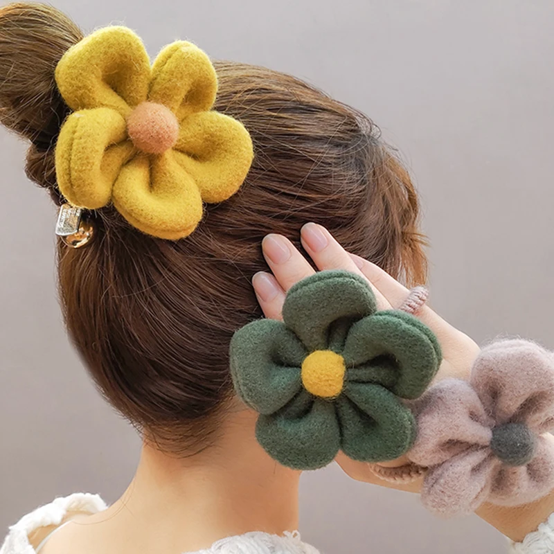 1PCS Woolen Fluffy Bangs Side Clip Ponytail Holder Scrunchies Sunflowers Hair Bands Plush Flower Hair Rope Hair Accessories