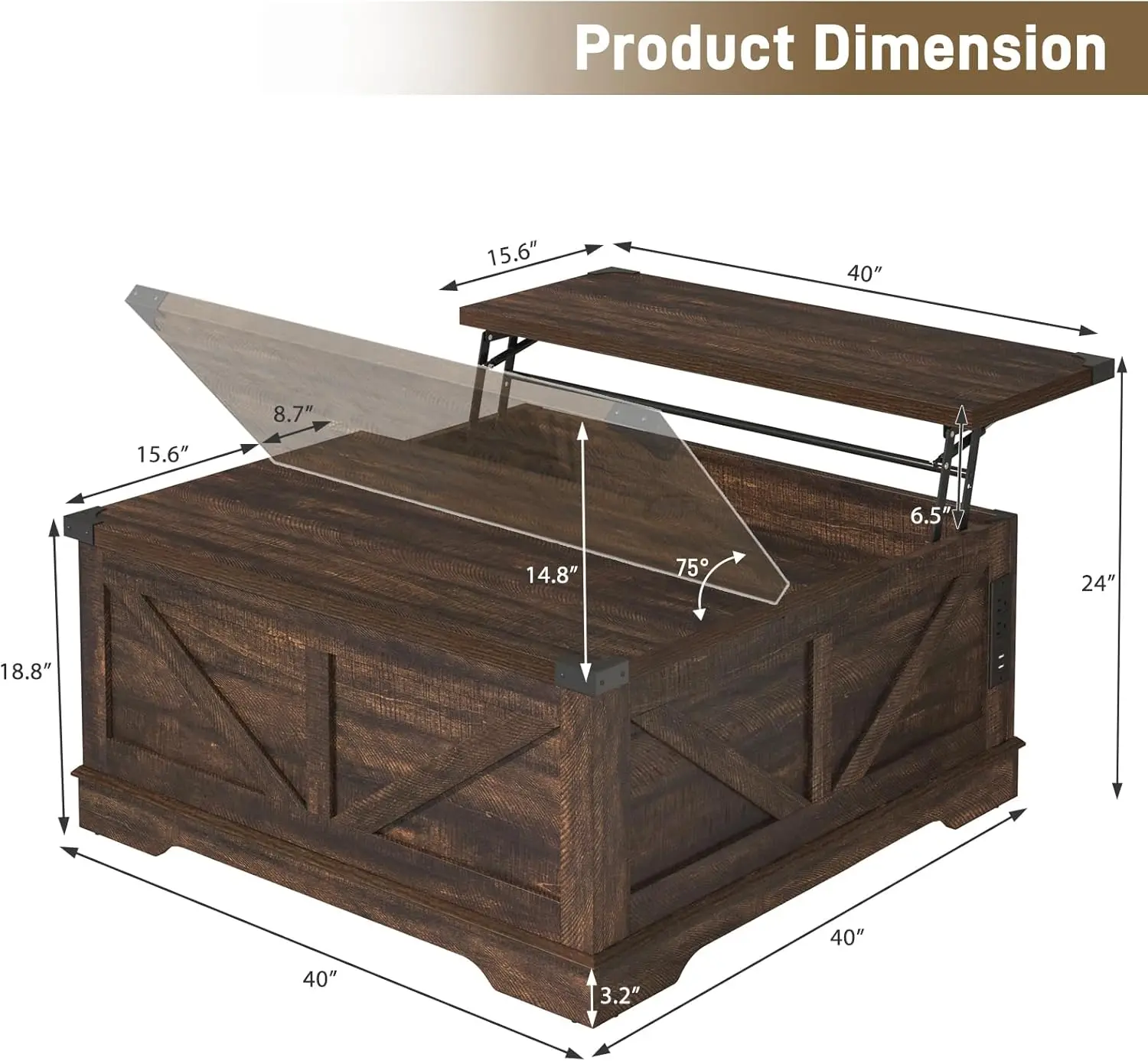 40” Large Farmhouse Lift Top Coffee Table With Power Outlets And Large Hidden Storage, Square Wood Living Room Tables,