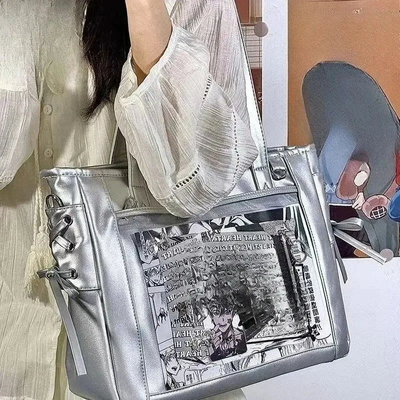 

ITA Shoulder Bag Large Capacity Transparent Window, PU Leather Bowknot Tote for Women Girls, Anime Badge Display Casual Handbag