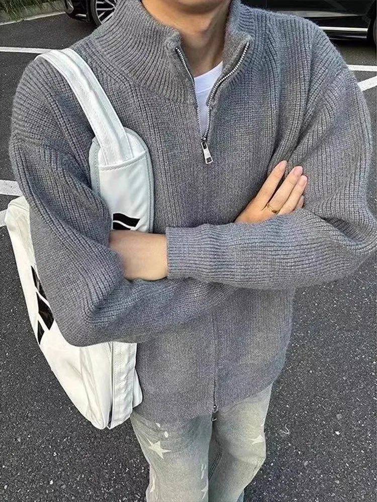 

Мужской серый кардиган на молнии, осенний, в расслабленном стиле, с воротником-стойкой, вязаная верхняя одежда, на двойной молнии, с длинными рукавами, регулярный крой