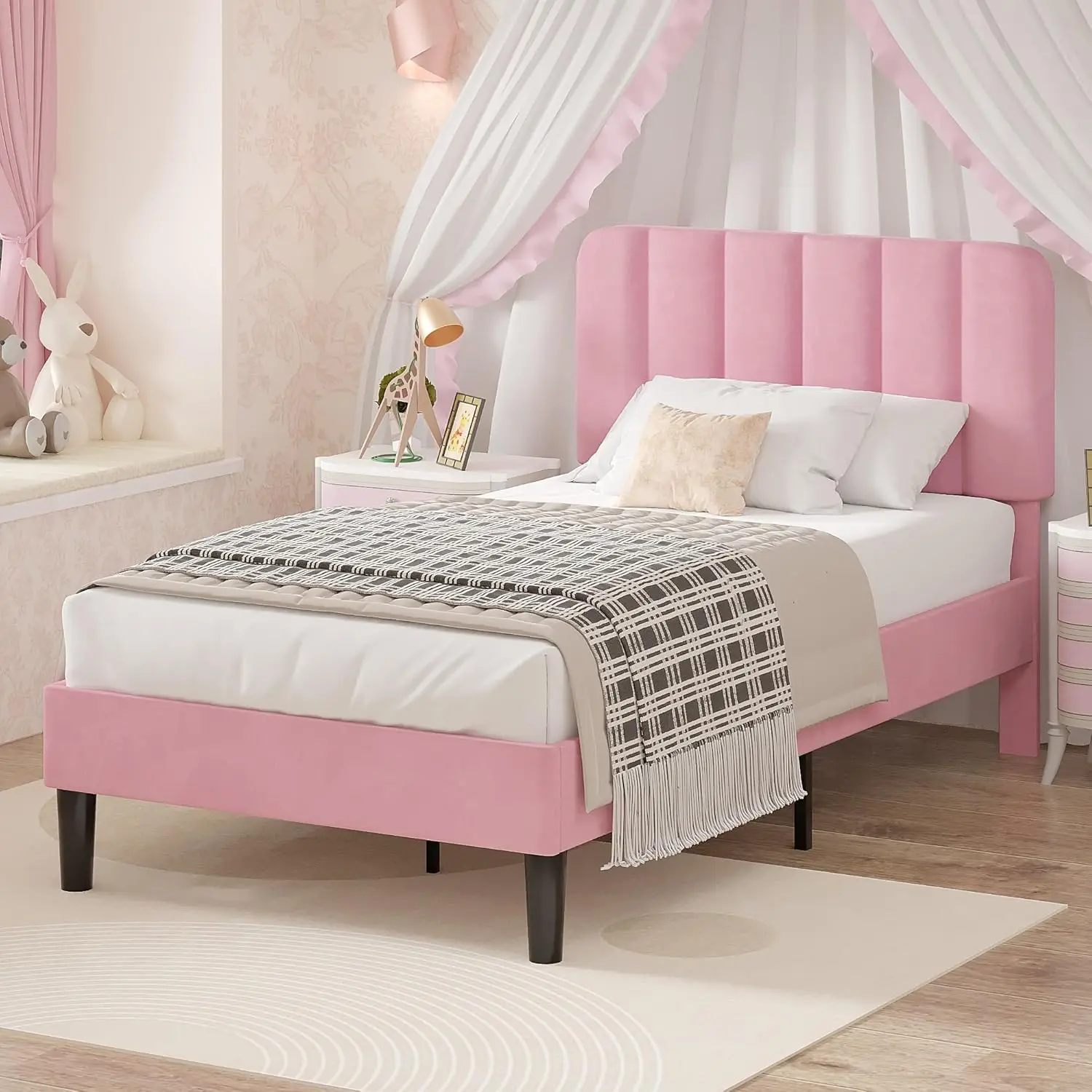 Vecelo Twin Size Bed Frame With Upholstered Headboard, Velvet Platform Bedframe Mattress Foundation, Strong Wood Slat Support,