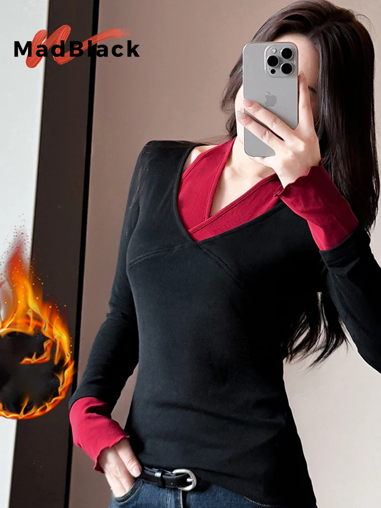 

MadBlack-Women European Brushed T-Shirt, Sexy V Neck Patchwork, Streetwear Long Sleeve Slim S-3XL Tee, 2025 Autumn New T5O065CC