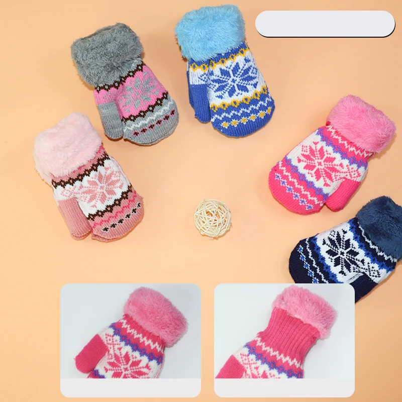 Winter Warm Full Finger Thickened Children's Babies 3-6 Years Old Knitted Yarn with Velvet Thickened Finger Gloves