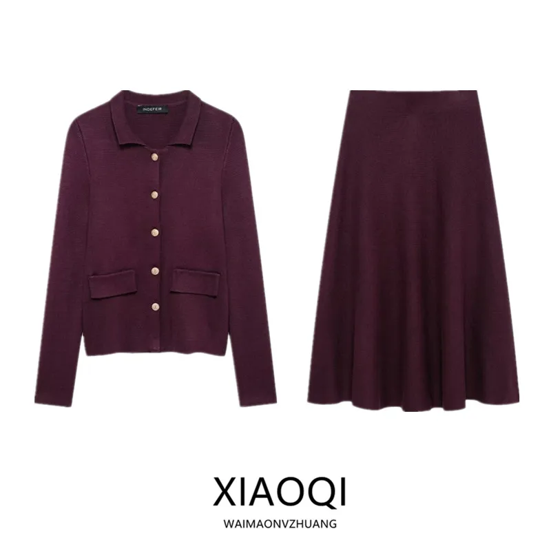 Spring 2025 New Women's Faion Long Sve V-Ne Knitted Jaet Mid-Waist  Skirt Set Simple Ele Office Workwear