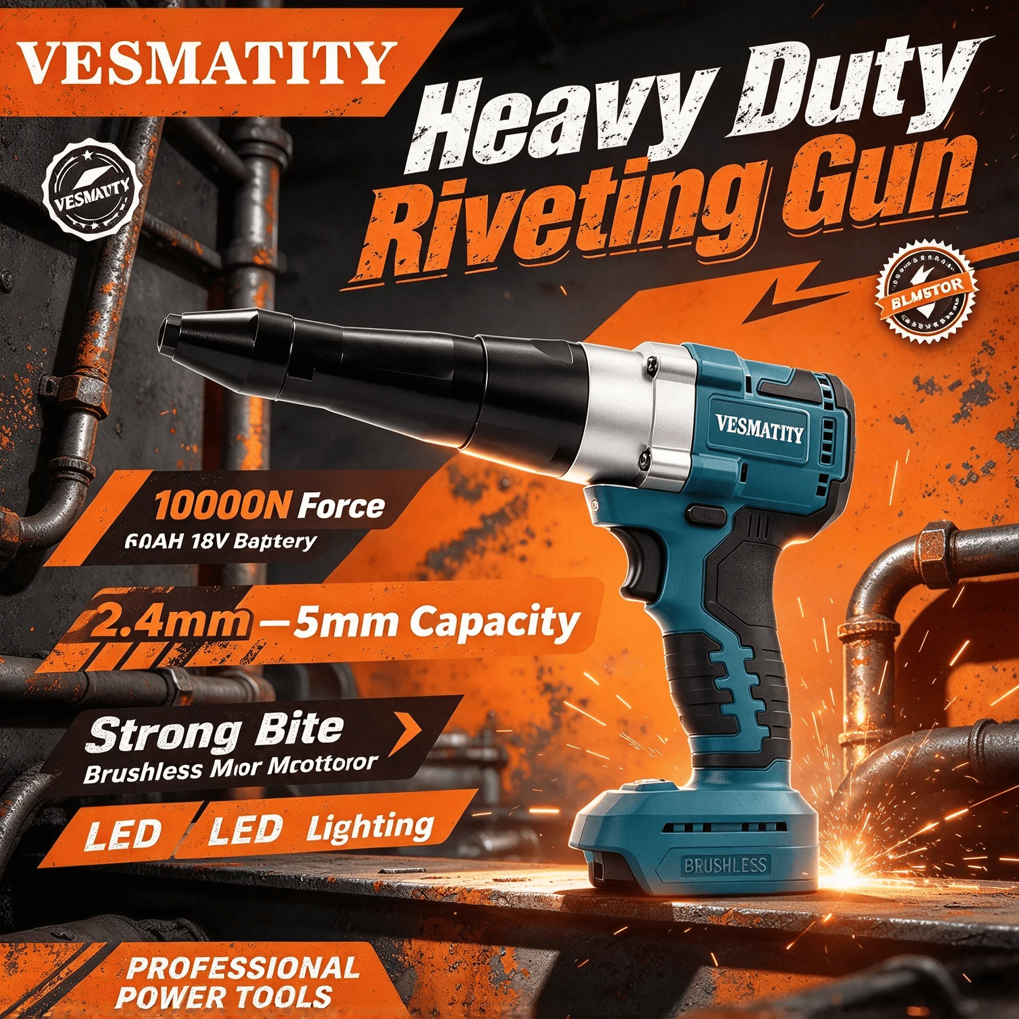 Vesmatity Brushless Electric Rivet Gun LED Cordless Multifunctional Rivet Nut Gun Automatic Riveting Tool for 18V Battery Pro