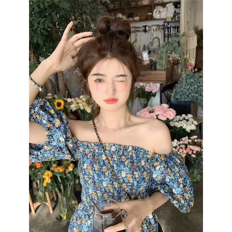 Women's Summer Casual Floral Print Ruffle Jumpsuits Mori Girl Style One-line Collar Loose Kawaii One-piece Clothing
