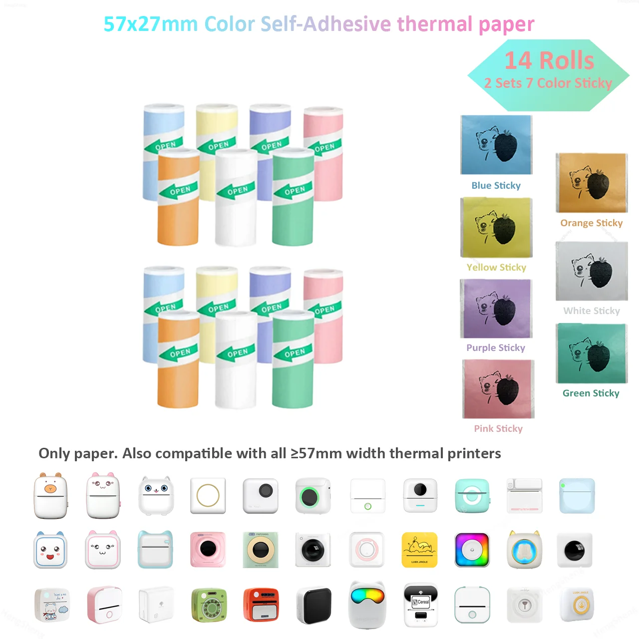 2 Sets Color Sticker Thermal Printer Paper Width:57mm Length:3m Label Paper Sticker Photo Papers For PeriPage PAPERANG Poooli