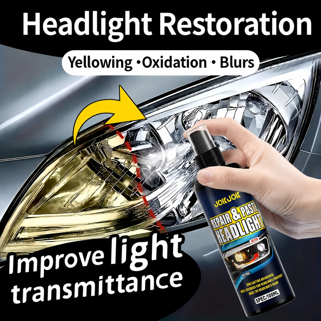 Car Headlight Restoration Spray 100ml, Headlight Polish Cleaner For Clear Automotive Lights, Long-Lasting Care