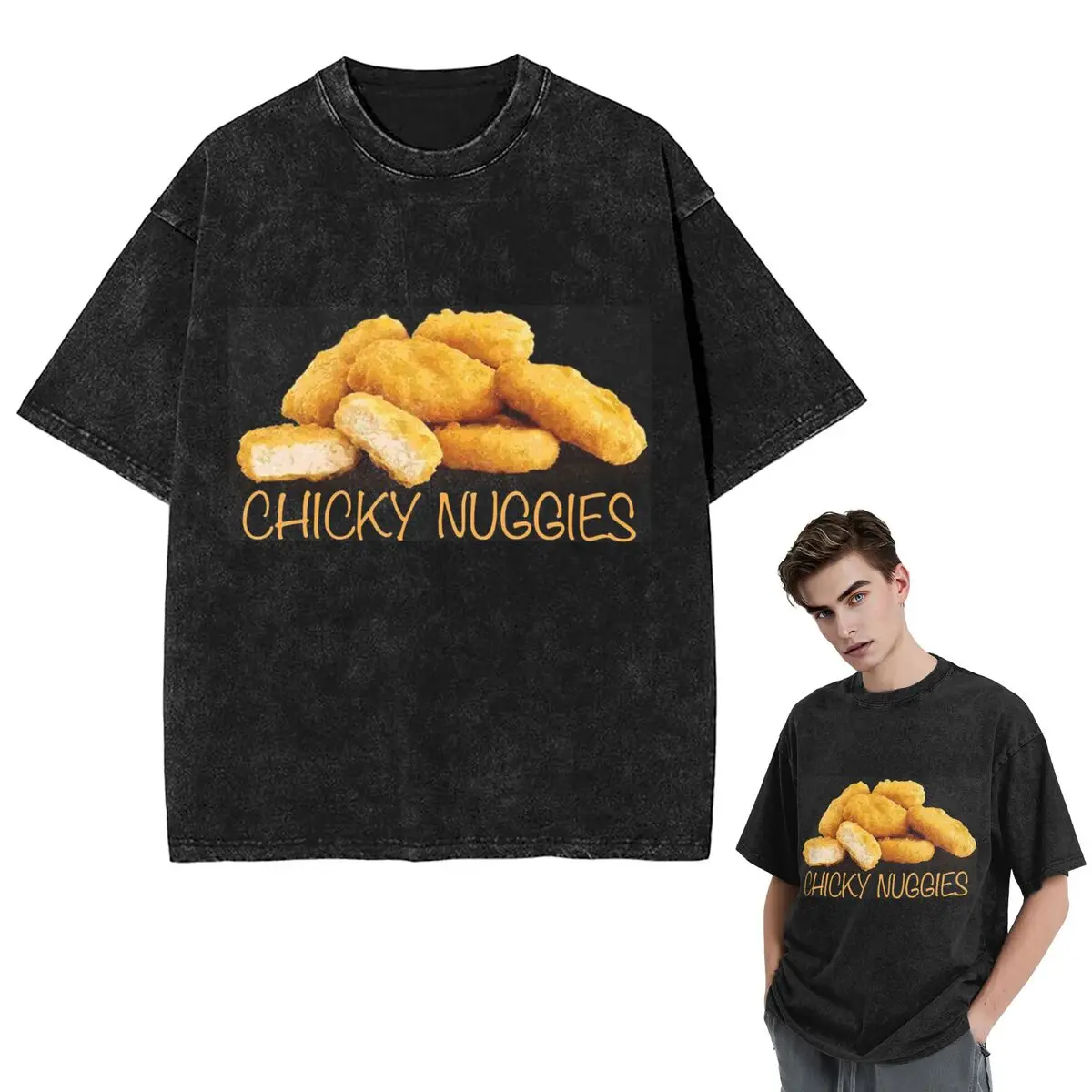 Streetwear T-Shirts Tasty Chicken Nuggets Washed T Shirt Short Sleeve Hip Hop T-Shirt Tops Tees for Men Women