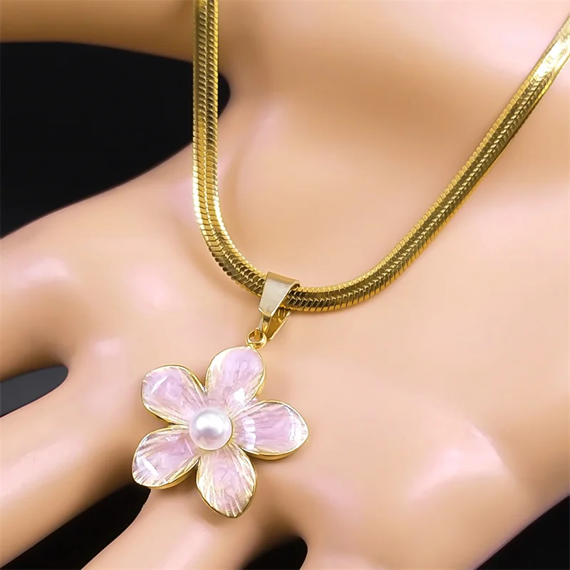Korean Fashion Rosa Sakura Emaille Blume Perle Halskette Halsband für Frauen Edelstahl Gold Farbe Halsketten Schmuck NZZZ407S04 – Detail 11