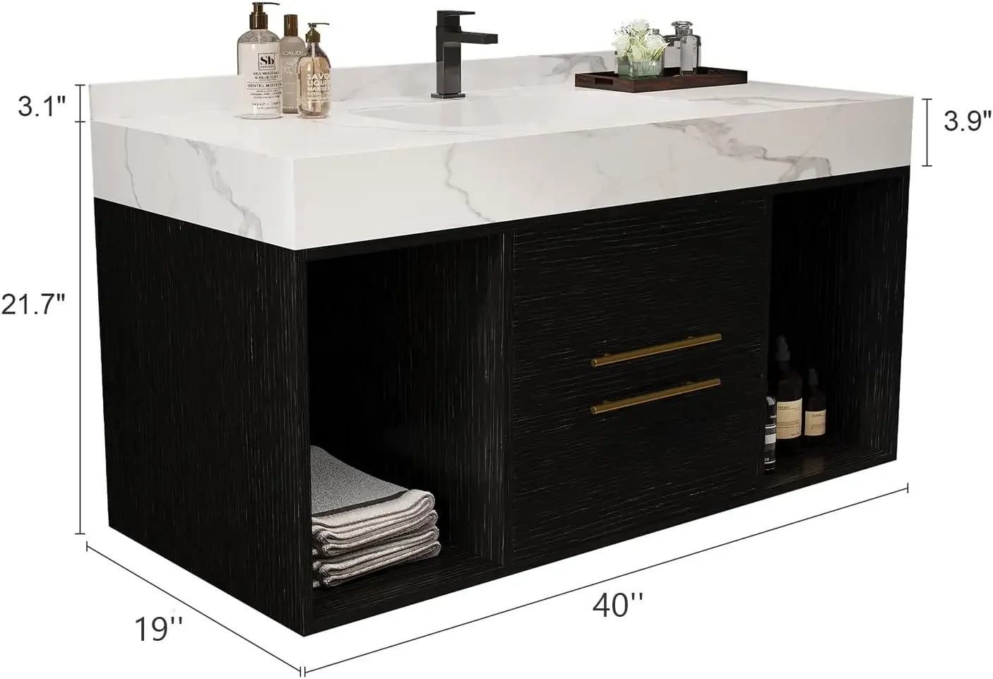 40 Inch Modern Wall Mounted Bathroom Vanity with Ceramic Sink. Quick Assembly Solid Wood Floating Bathroom Vanity Cabinet