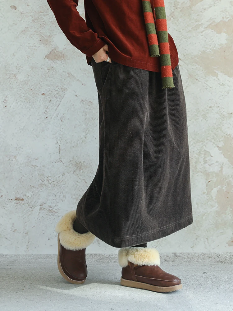 

Autumn Winter Women's Knee-Length Skirt Tibetan Wool Cotton Corduroy Straight Cut Vintage Sle mid Waist Elastic Waist