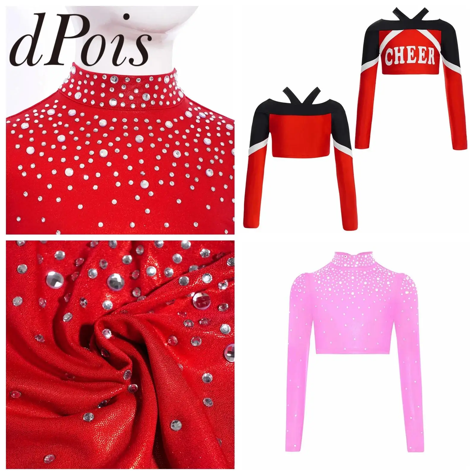 Child Girl Figure Skating Performance Costume Long Sleeves Tops Sheer Mesh Cutout Strappy Ballet Crop Top Modern Dancewear