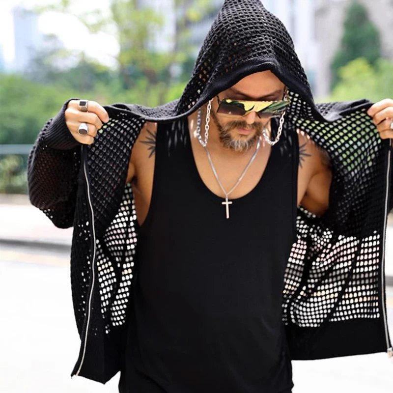 Damasco preto malha oco para fora proteção solar de grandes dimensões verão manga longa camisa dos homens com capuz moda coreana harajuku topo