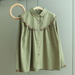 Fashion Vintage Blouses Peter Pan Collar Long Sleeve Floral Embroidery Button Shirts Spring Casual Loose Elegant Women Clothing