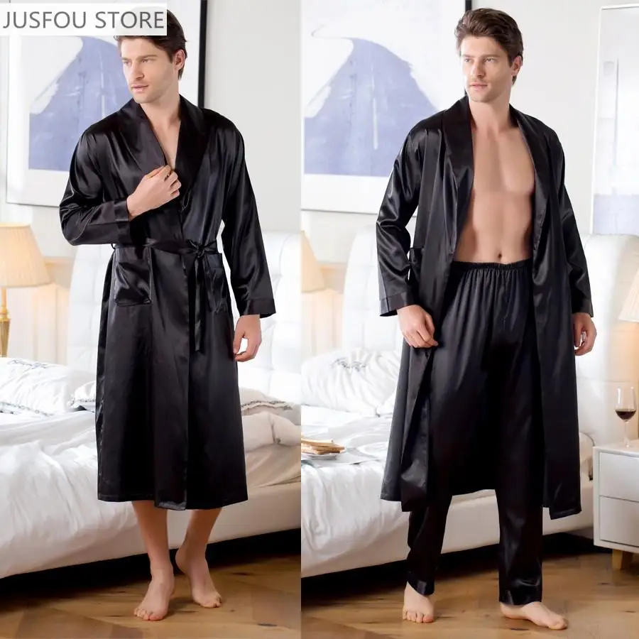 Big Size 3Xl Men Robe Loose Satin Kimono Bath Gown Casual Sleepwear Sexy Nightwear Long Sleeve Lapel Wedding Intimate Lingerie