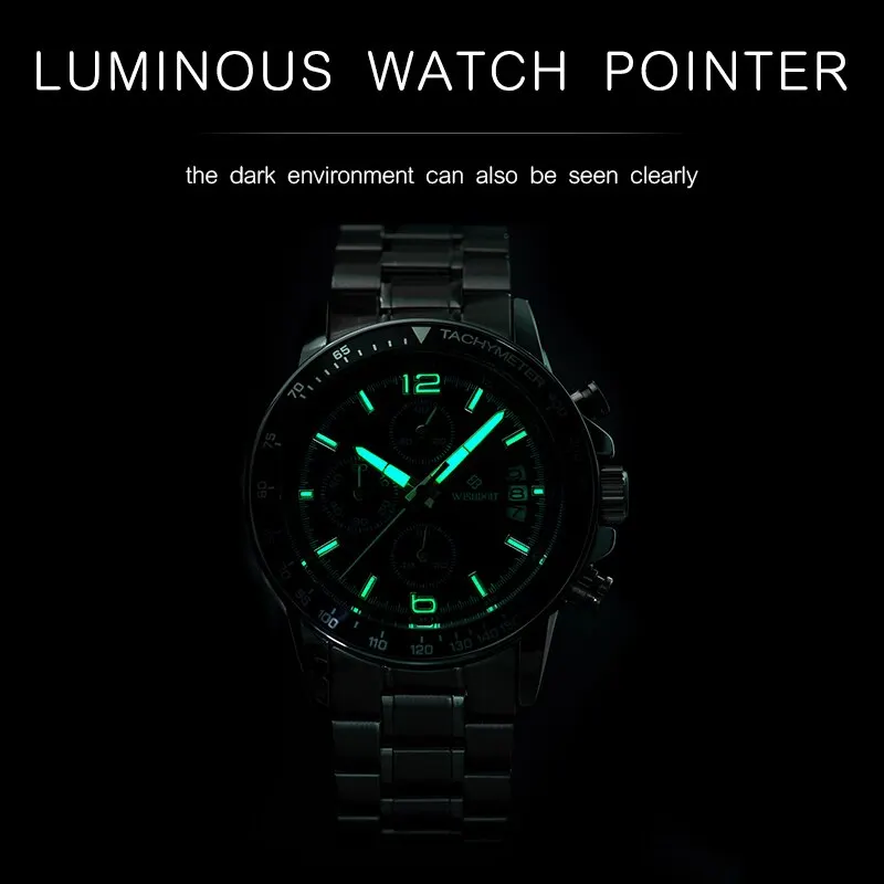 WISHDOIT Original Watch for Men Waterproof Stainless Steel Metal Strap Multifunction Chronograph Fashion QuartzAnalog Wristwatch