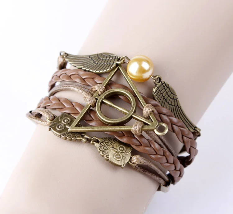 Harri Potter Death Hallows Golden Wings Snitchs Quidditch Ball Owl Hedwig Layer Handmade Woven Leather Bracelet Action Toys