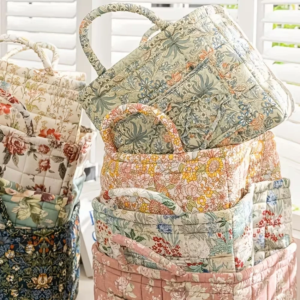 

Floral Laundry Basket Quilted Boho Fabric Storage Basket With Handle Large Capacity Tote Bag With Front Pocket Home Organization