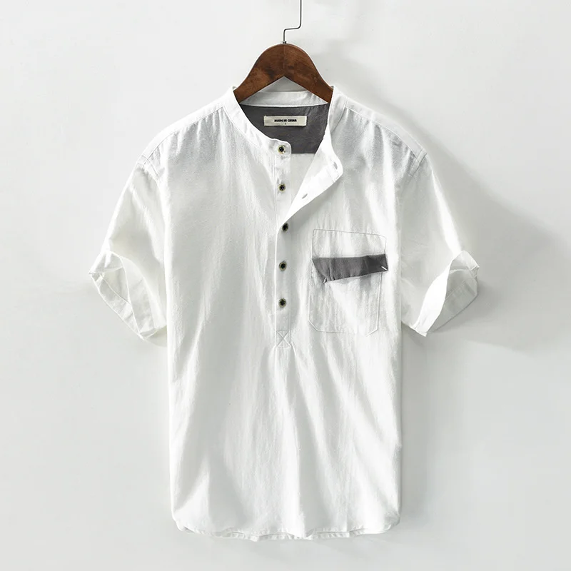 

Summer Linen Cotton Hemp Pullover Short Sleeve Shirt For Men Chinese Styles Damaged Pocket Design Half-cardigans Blouses Tops