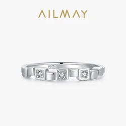 Ailmay Real 925 Sterling Silver Fashion Clear Zircon Stackable Finger Ring For Women Charm Silver Ornaments Wedding Fine Jewelry