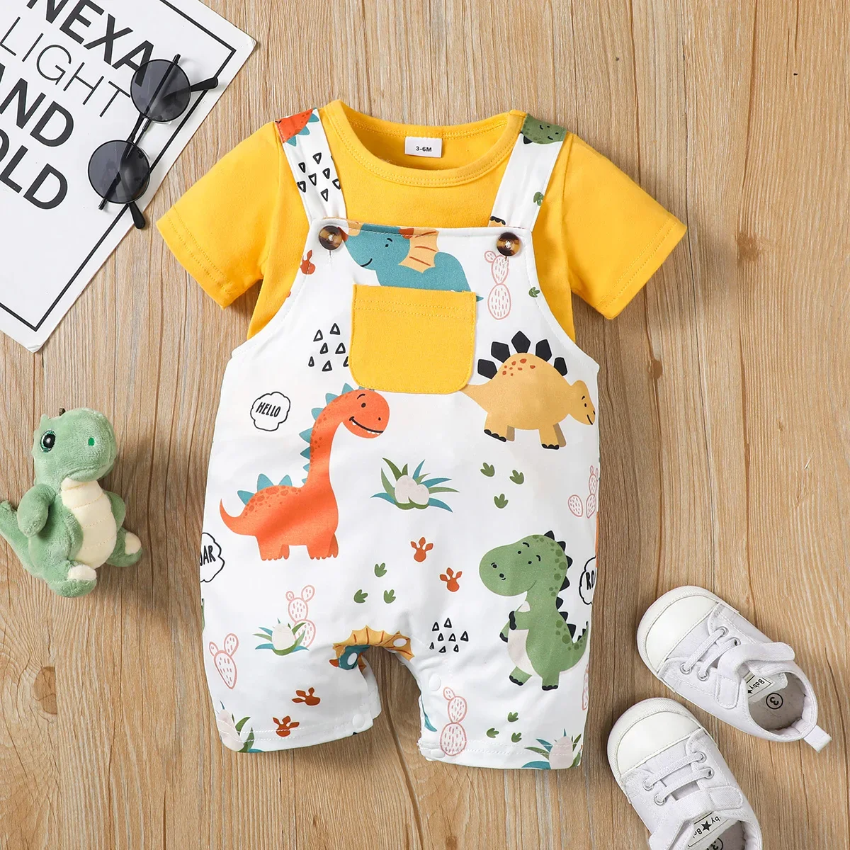 PatPat 2pcs Baby Boy Short-sleeve Solid Tee and Allover Dinosaur Print Overall Romper Set Soft and Comfortable