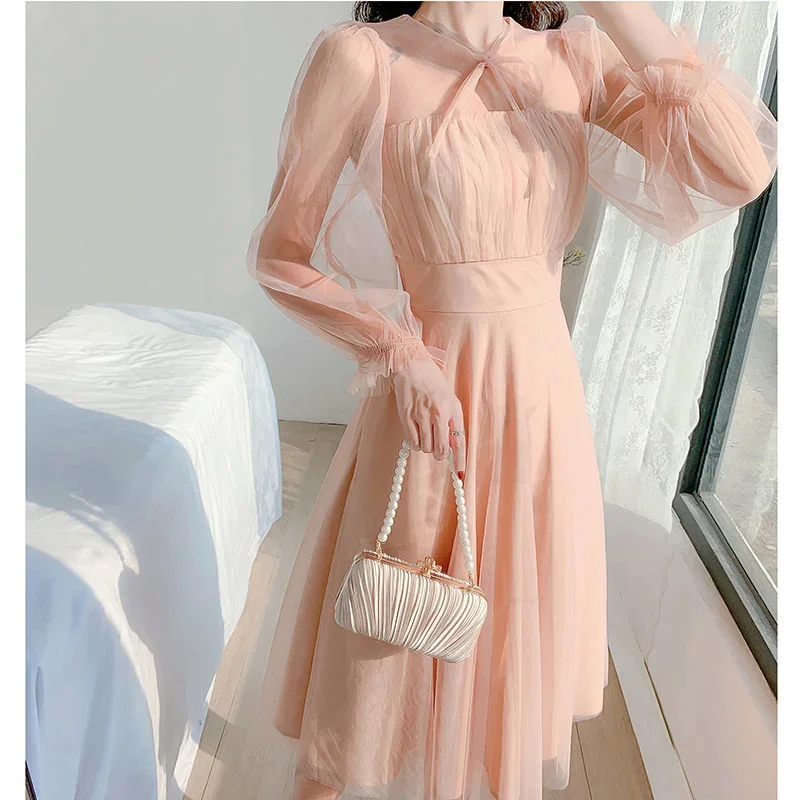 Spring New French Fairy Gauze Dress Pink Round Neck Bow Drawstring Gentle Style Slim Patchwork Long Sleeved Dresses CY177