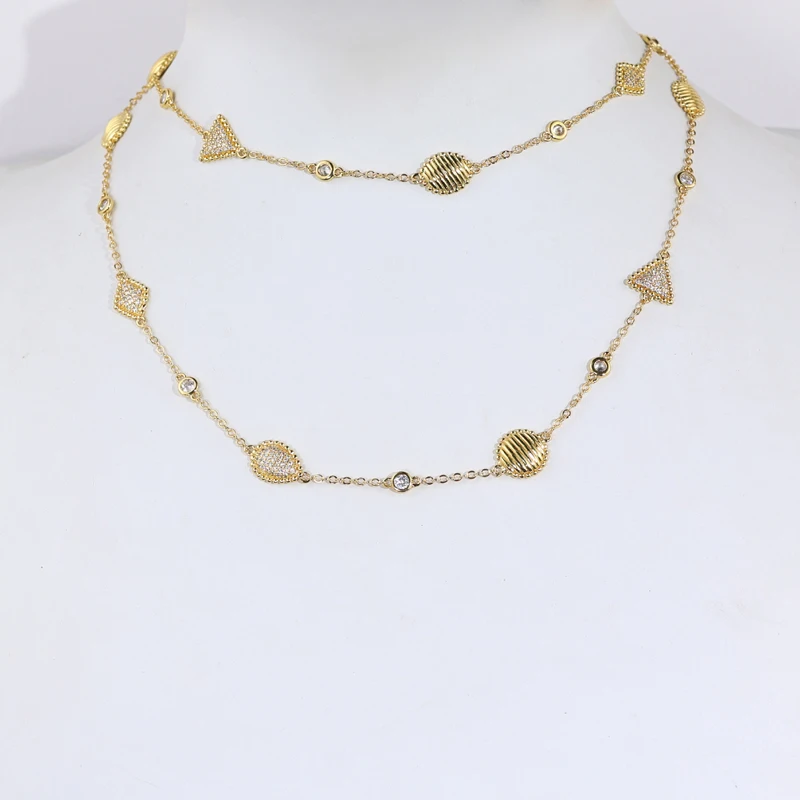 2026 New Fashion Women Jewelry Set Geoemtric Charm CZ Station Link Chain Gold Color Dangle Earring Long Double Layer Necklace
