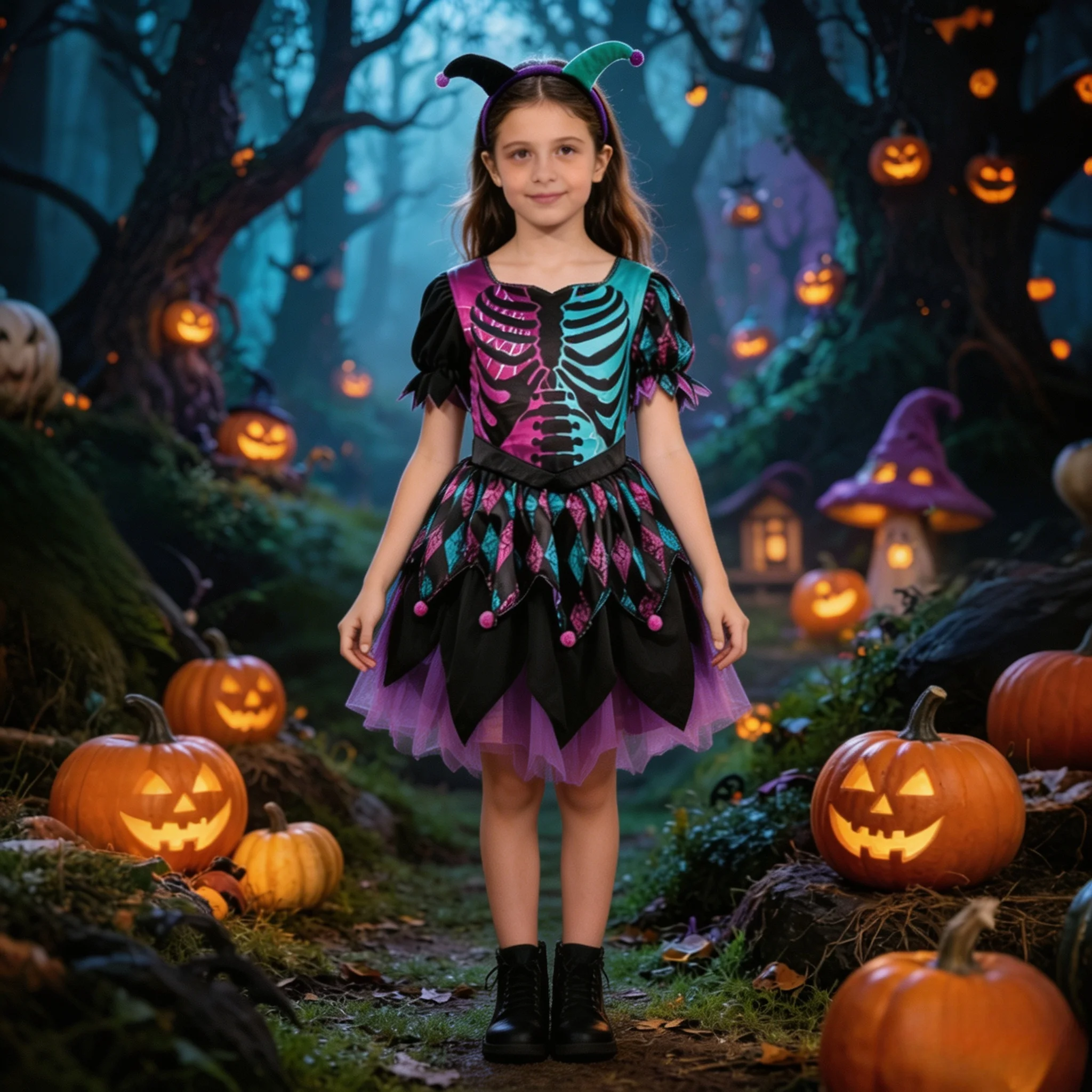 Halloween Girls Skeleton Jester Costume Clown Tutu Dress with Jester Headband