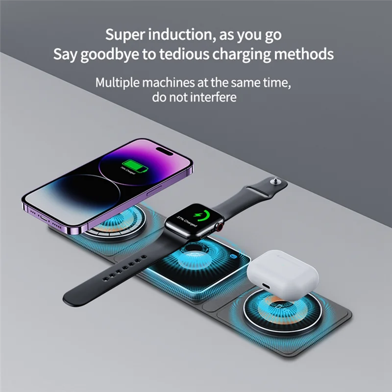 3-In-One Wireless Charger Pad สําหรับ iPhone/Iwatch/แม่เหล็กพับได้ 3 ใน 1 สถานีชาร์จไร้สายใช้งานง่าย