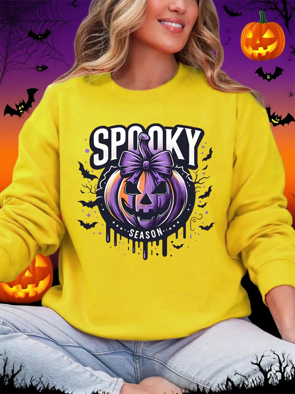 Spooky Season Pumpkin Lantern Prints Halloween Sweatshirt Women O-Neck Casual Hoodie Loose Fleece Warm Tops Winter Soft Clothes
