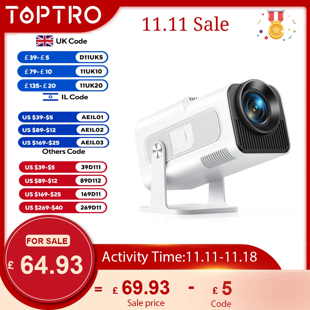 TOPTRO Mini Portable Projector 4K Support 20000 Lumens Full HD 1080P Native 270° Rotating Projector Home Theater Projector