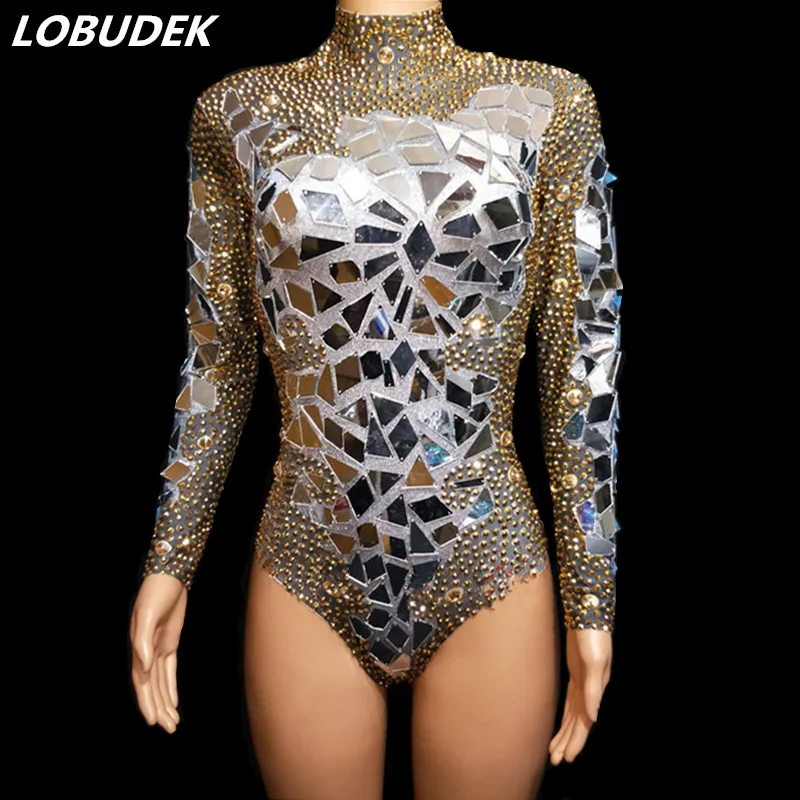 

Sparkly Gold Rhinestones Mirrors Long Sleeve Bodysuit Female Sexy Nightclub DJ Singer Costume Jazz Dance Team Leotard Catsuit