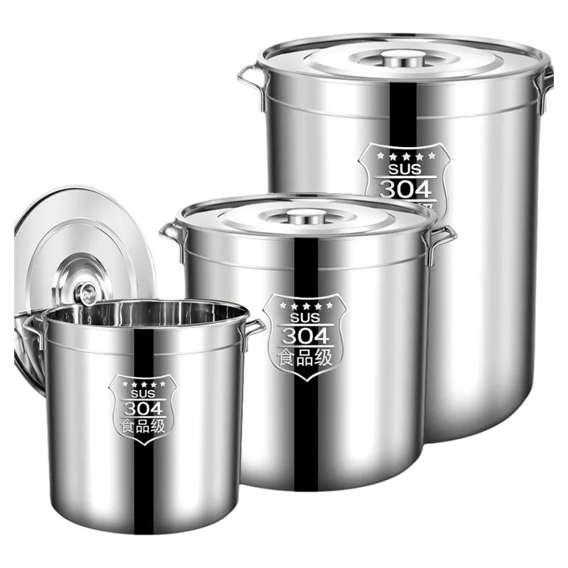 Extra Thick 304 Stainless Steel Barrel round Barrel with Lid Soup Pot Soup Bucket Household Halogen Bucket Oil Bucket Storage...