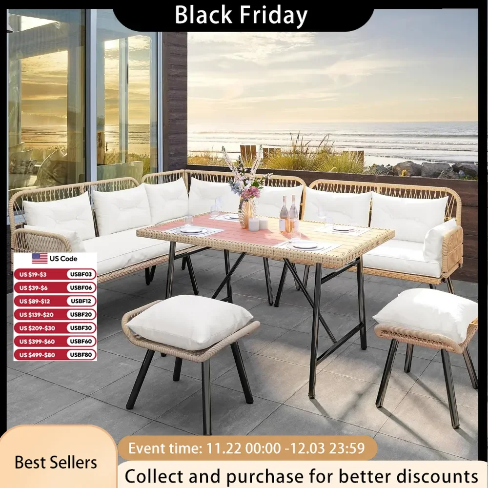 Patio wicker L-shaped outdoor sofa, all-weather rattan set, for backyard, with upholstery, ottoman and plastic wood dining table