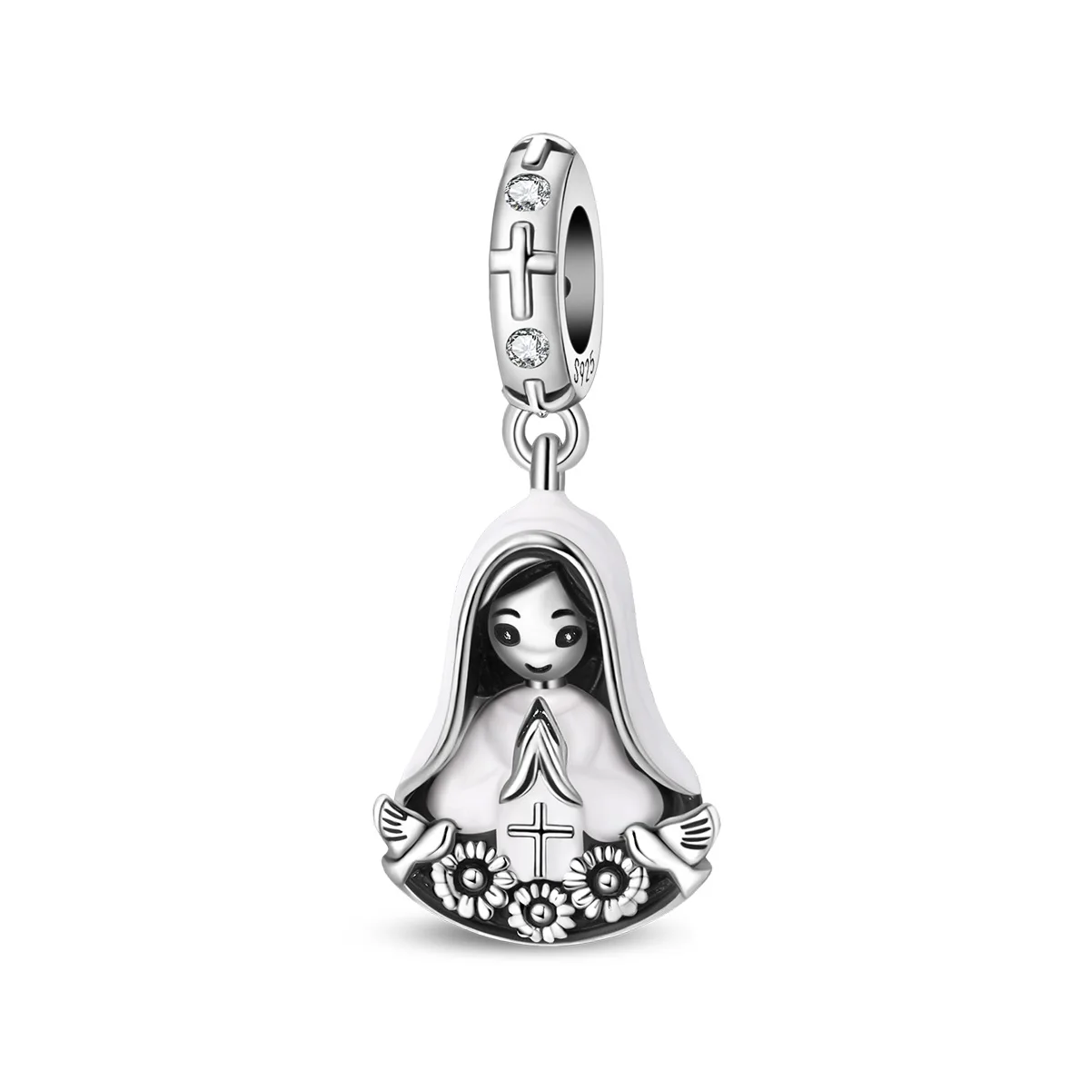 925 Sterling Silver Virgin Mary Praying Dangle Charm Bead White Enamel Holy Mary Pendant Fit Charm Bracelet DIY Jewelry Gift