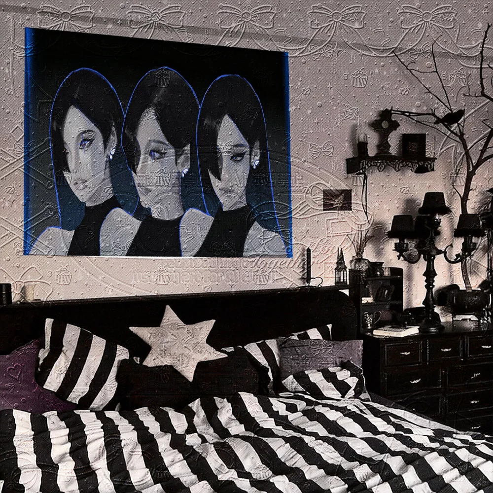 Neon Blue Line Art Tapestry Wall Hanging, Triple Cool Girl Portrait Print, Dark Grunge Aesthetic Room Decor, Polyester Fabric Ba