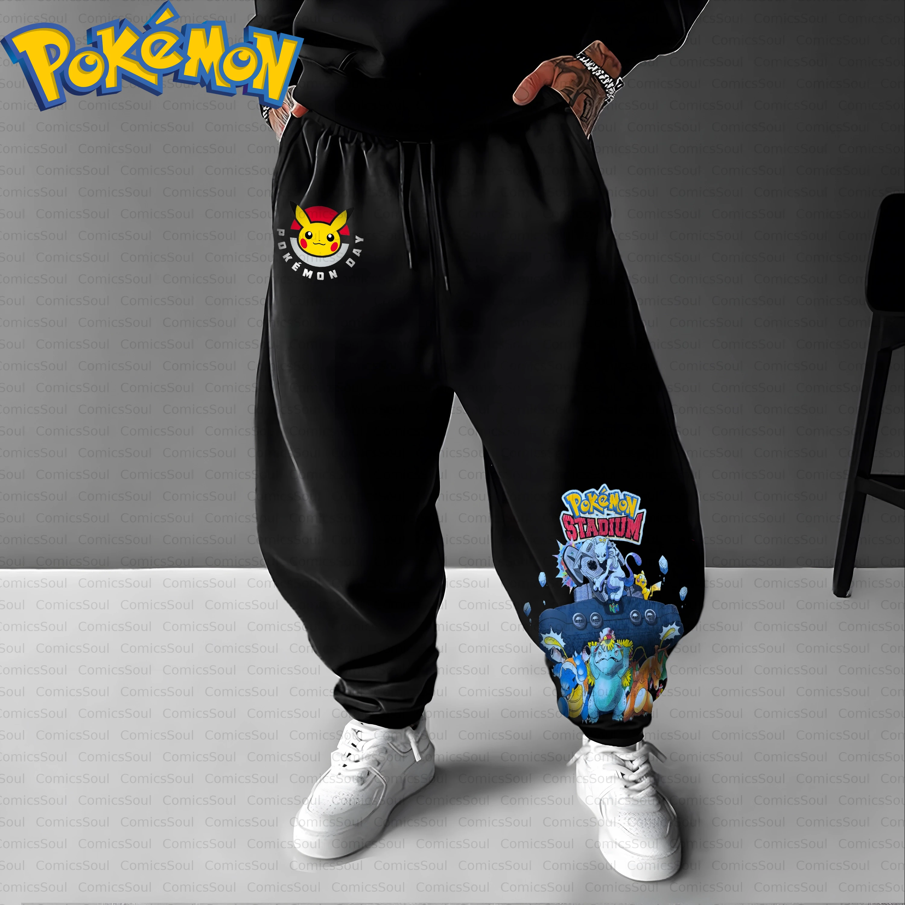 Conjunto de moletom com capuz Pokémon de algodão preto e calças Harajuku com Pikachu Charizard Blastoise Mewtwo estampa traseira design de tema de jogo azul