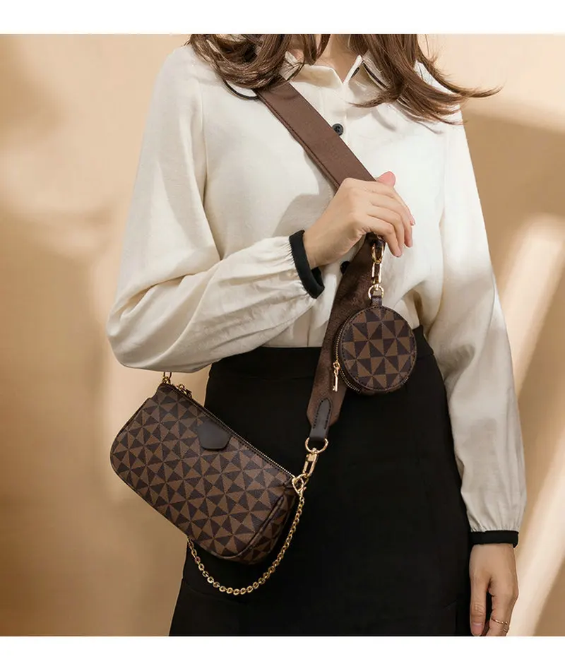 PU Leather Purses Women Shoulder Bag Luxury Designer Wide Strap Crossbody Bag Chain Sling Bag 2024 New Ladies 3 Bags Set Handbag